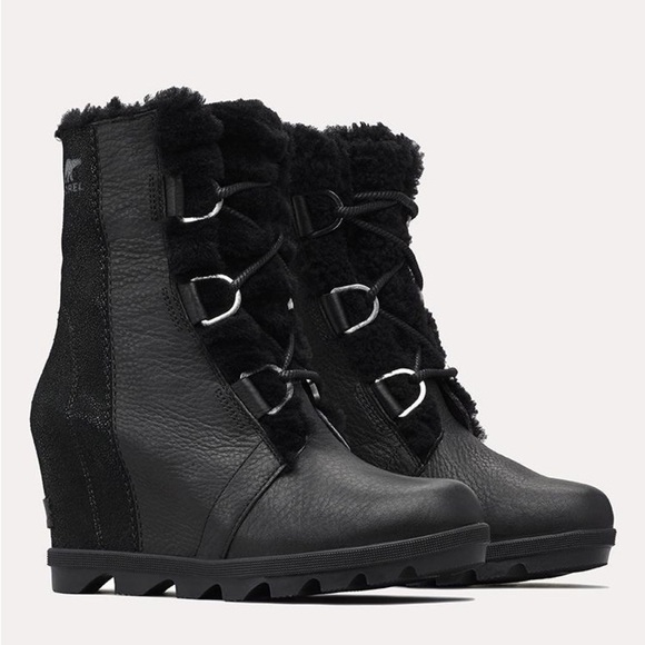 SOREL WOMEN'S JOAN OF ARCTIC WEDGE II LUX BOOT in BLACK with FUR Sz8 - Picture 1 of 13
